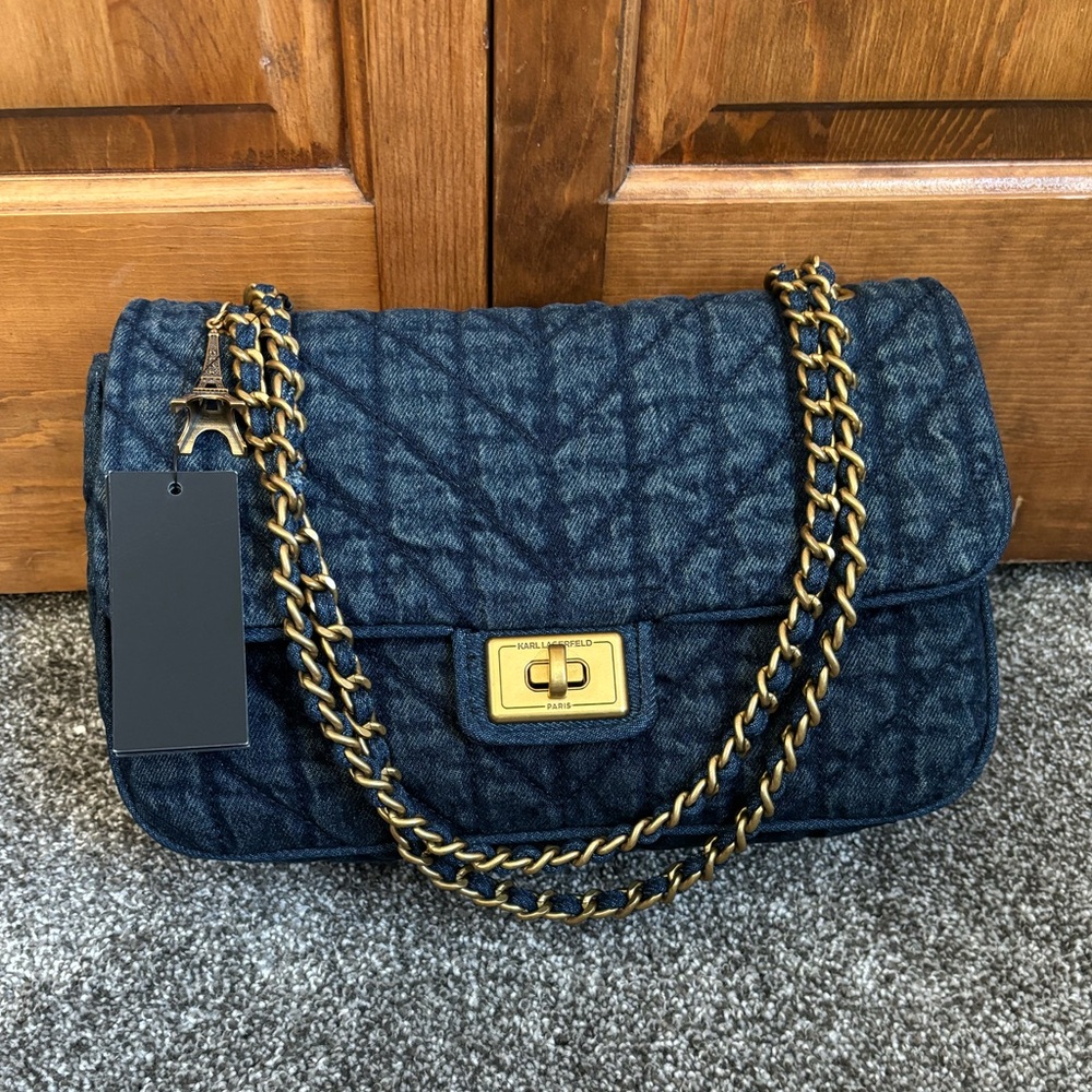 Karl Lagerfeld Agyness Denim Shoulder Bag with Gold Chain & Charm